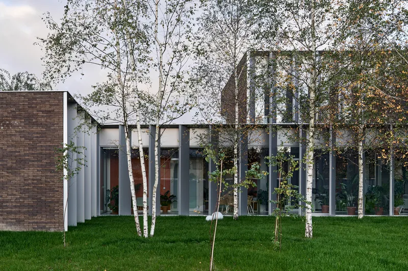 Glazed corridor with vertical metal fins behind a row of young birch trees under overcast skies