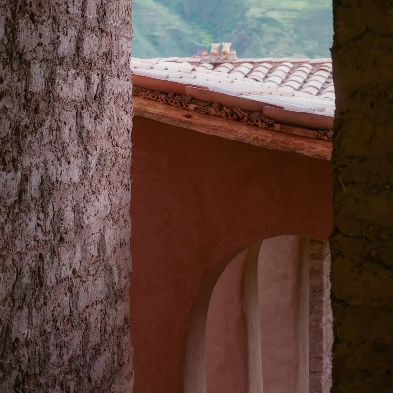 Close-up of clay tile roof eave with exposed timber rafter and water visible beyond wall