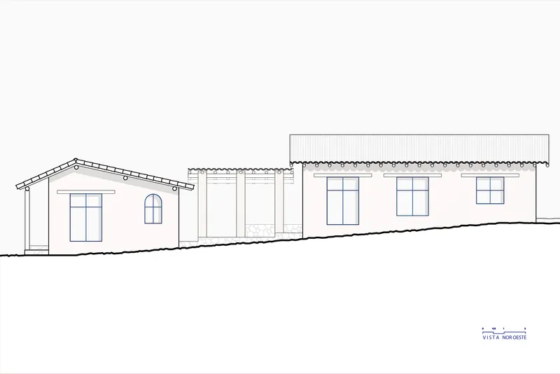 Elevation drawing showing a gabled entrance volume linked to a long rectilinear form with rectangular windows