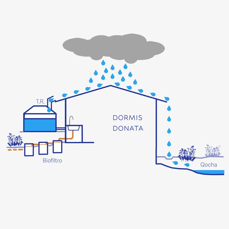 Diagram showing rainwater collection system from roof through biofilter and storage tank to pond
