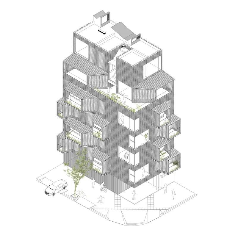 Axonometric drawing of a stacked brick tower with offset volumes and planted balconies on each level
