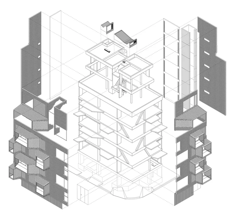 Exploded axonometric drawing revealing the structural frame, floor plates, envelope components and rooftop elements