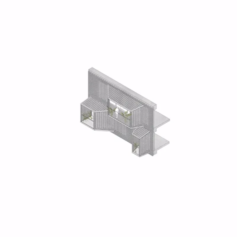 Isometric drawing of a single residential unit showing textured wall panels and interior spaces
