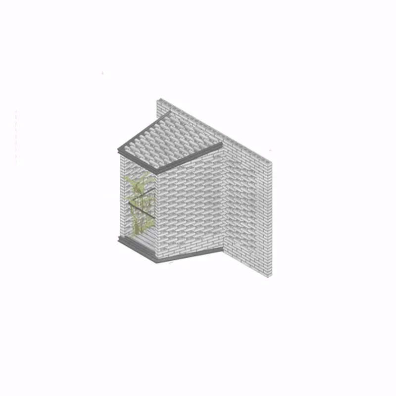 Isometric drawing of a small volume with patterned masonry walls and a planted interior courtyard