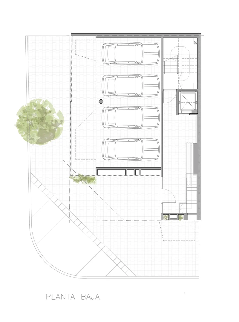 Ground floor plan drawing showing four-car parking bay with stairwell and planted entry courtyard