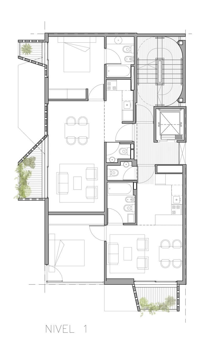 First level floor plan drawing showing bedroom, bathroom, kitchen and planted balcony zones