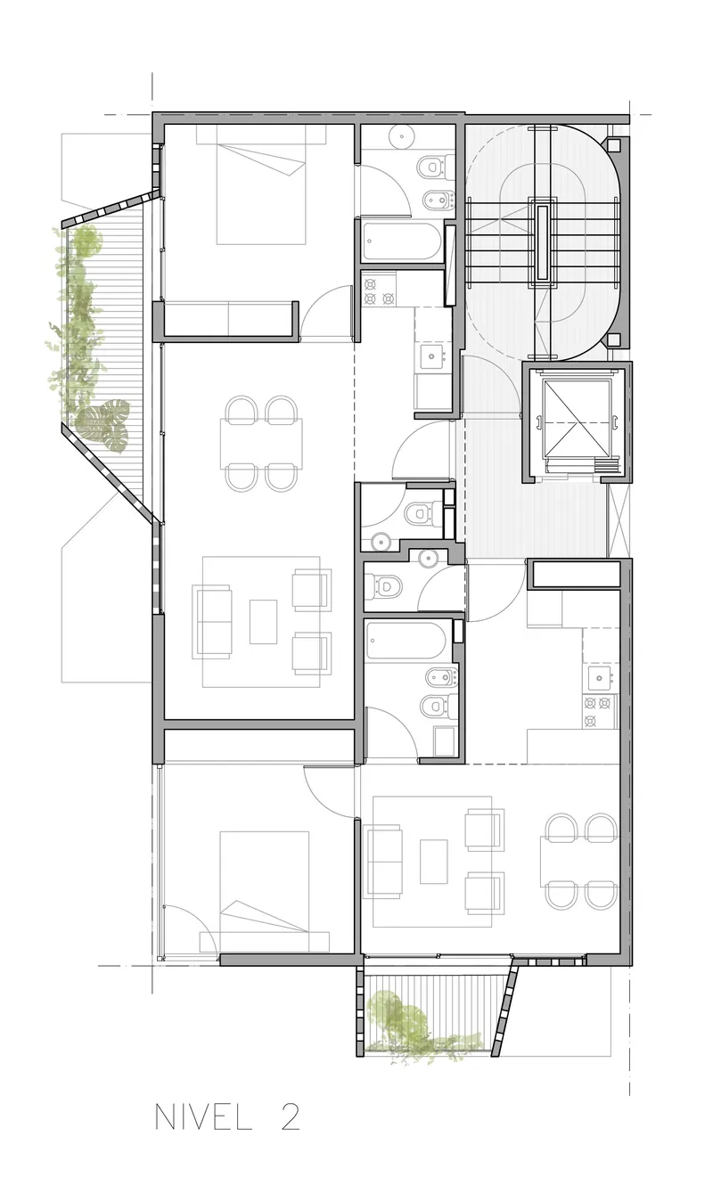 Second level floor plan drawing showing bedroom, living spaces and planted terrace with vegetation