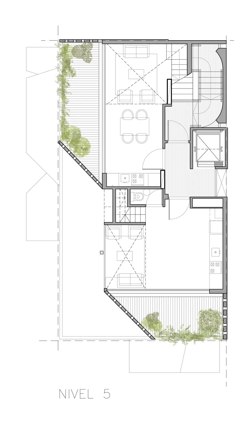 Fifth level floor plan drawing showing living areas, kitchen, bathrooms and planted terraces with trees