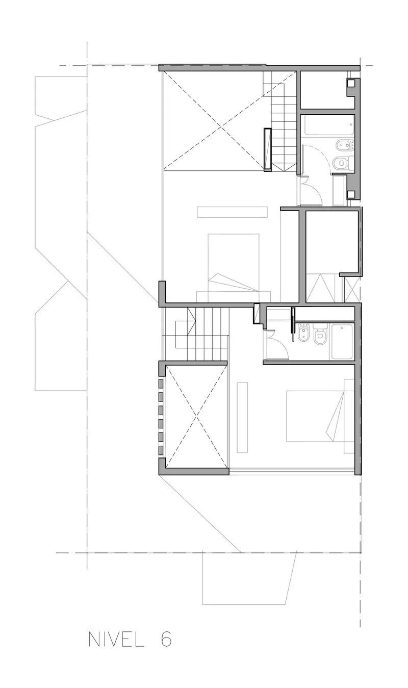 Floor plan drawing showing two levels with bedrooms, bathrooms, staircase and double-height volume