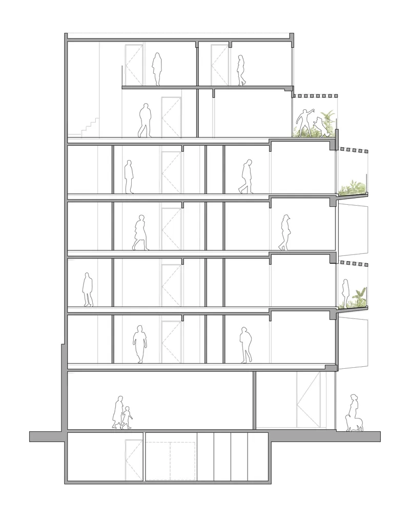 Section drawing through a multi-story residential building with figures and planted balconies on alternating floors