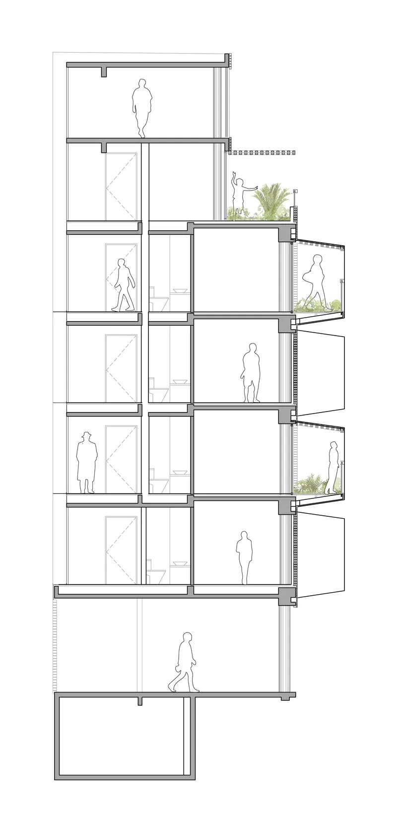 Section drawing showing stacked residential units with protruding planted balconies and circulation figures