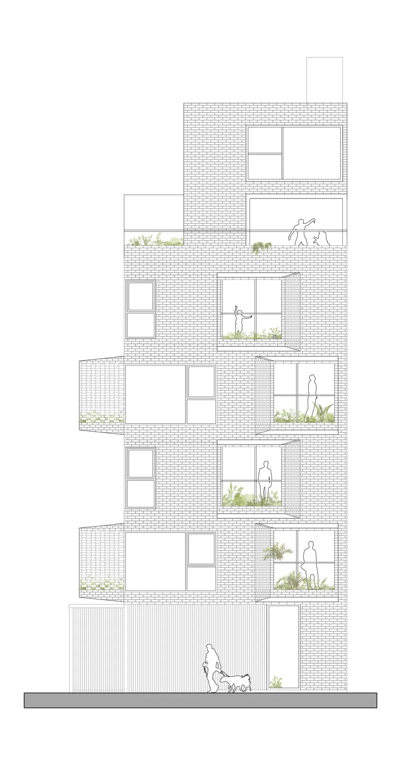 Elevation drawing of a brick facade with recessed balconies and planted terraces across six levels
