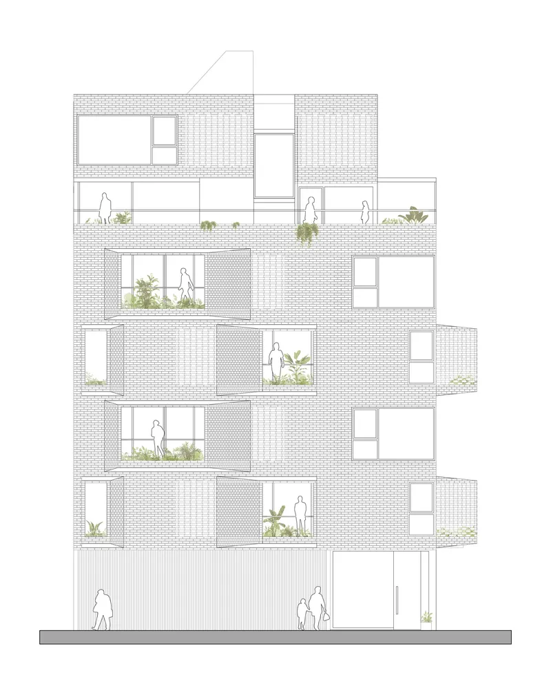 Elevation drawing showing staggered brick volumes with planted balconies and figures throughout