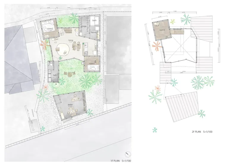 Floor plans showing two levels with courtyard gardens and tree plantings in watercolor rendering