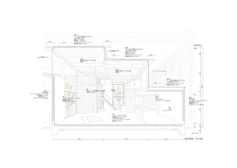 Section drawing revealing interior spatial relationships with double-height volumes and roof structure