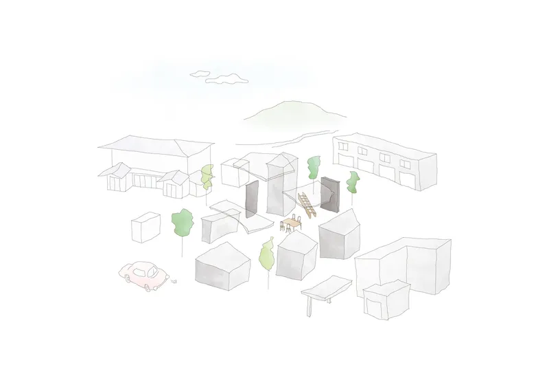 Axonometric drawing of a neighborhood cluster with houses, trees, a car, and a distant mountain