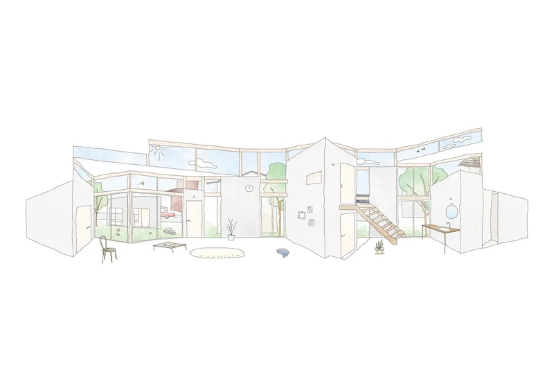 Cutaway perspective drawing revealing interior rooms with furniture, a ladder, and planted courtyards with trees