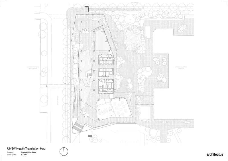 Ground floor plan drawing showing interior layout with surrounding landscape and pathways