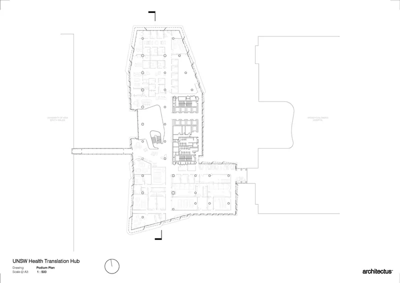 Podium floor plan drawing showing an angular footprint with central core and surrounding workspaces