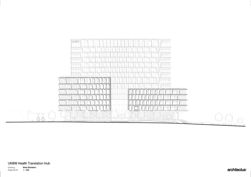 West elevation drawing showing three stacked volumes with gridded facades and landscaping at grade