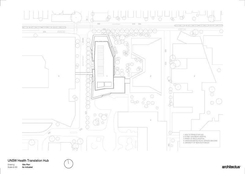 Site plan drawing showing the tower footprint among adjacent buildings and street tree planting