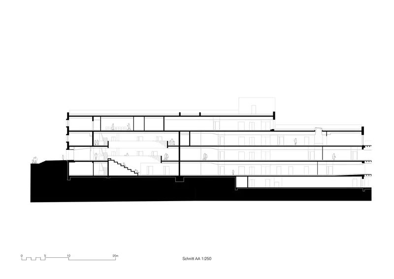 Section drawing showing four levels stepping down a slope with exposed basement and stairs