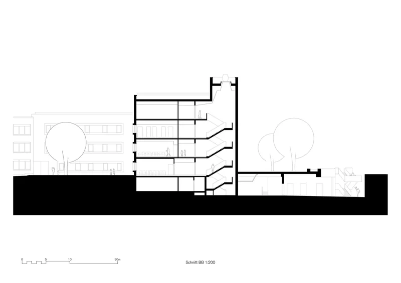 Section drawing showing cantilevered floor plates with trees flanking the stepped building volume