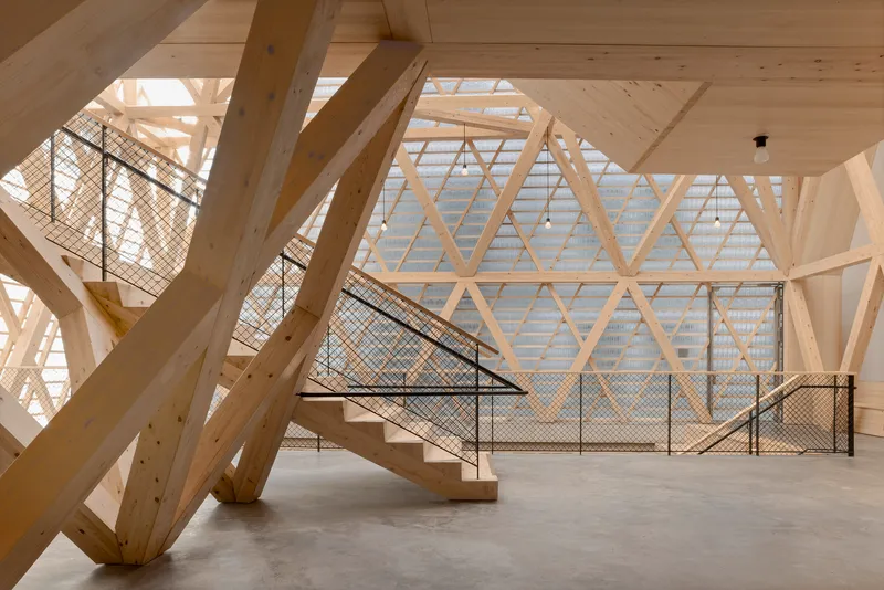 Interior atrium with diagonal timber beams and mesh-railed staircase under diffused natural light