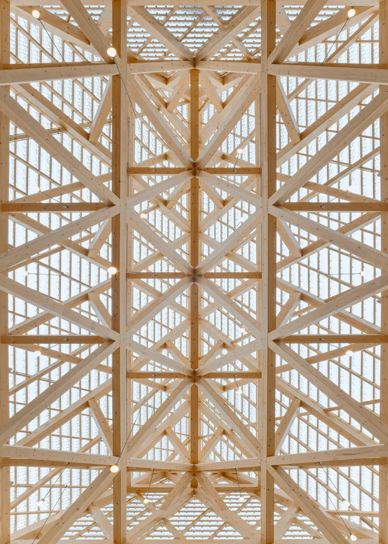 Looking up at the geometric timber roof structure forming a diamond-patterned ceiling grid