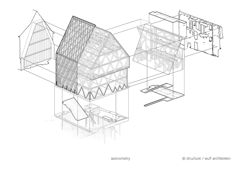 Axonometric drawing revealing the building's internal structure with a central domed roof and surrounding floor plates