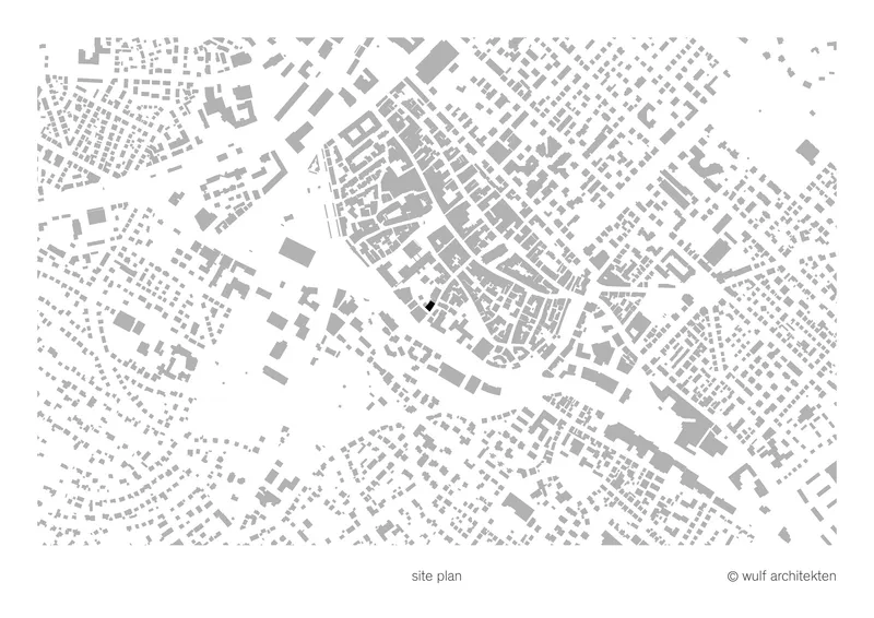 Site plan drawing showing the building footprint within the surrounding urban fabric