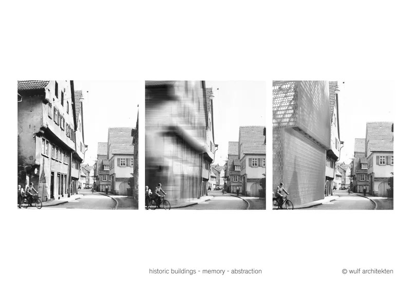Triptych showing progression from historic street photograph through blur to an abstract angular facade intervention