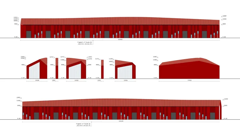 Elevation drawings showing red corrugated metal facades with rhythmic window openings and sawtooth section profiles