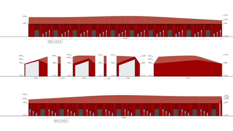 Elevation drawings depicting red metal-clad volumes with sawtooth sections and repeating window patterns