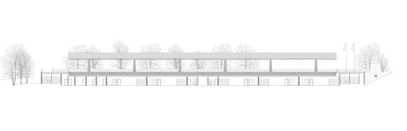 Elevation drawing showing a two-story structure with upper-level colonnade and planted trees at ground level
