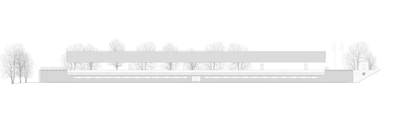 Elevation drawing depicting stacked horizontal volumes with rooftop tree plantings and winter trees at edges