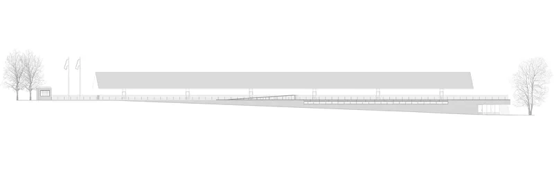 Elevation drawing showing an elongated low-rise structure with horizontal banding and flanking bare trees