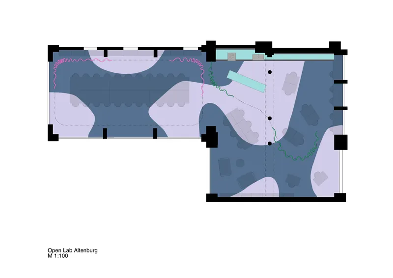 Floor plan drawing showing curved partition walls dividing two interconnected rooms with scattered furniture layouts
