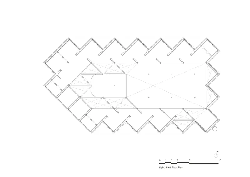 Light shelf floor plan drawing showing structural bracing and sawtooth edges around an open volume