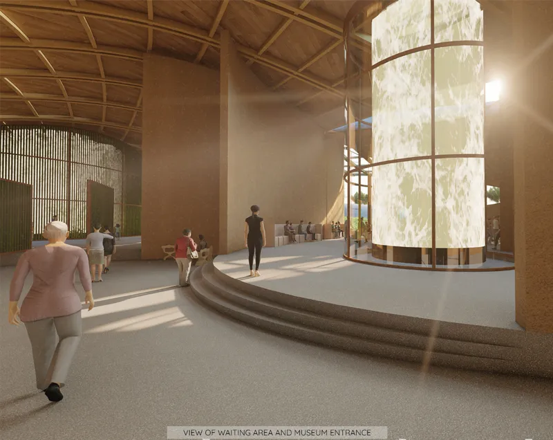 Museum entry and waiting area anchored by a vertical water installation enhancing spatial experience