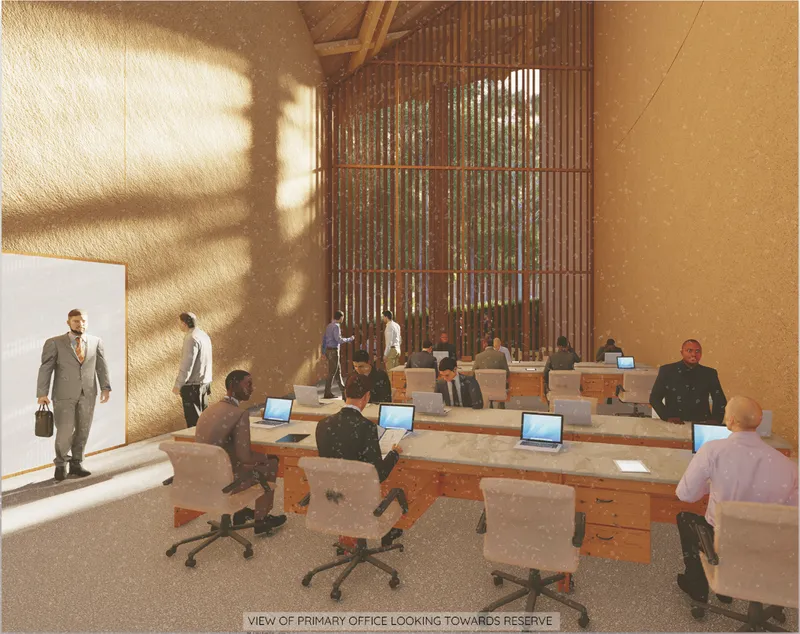 Primary office oriented toward the reserve, reinforcing continuous visual engagement with the habitat