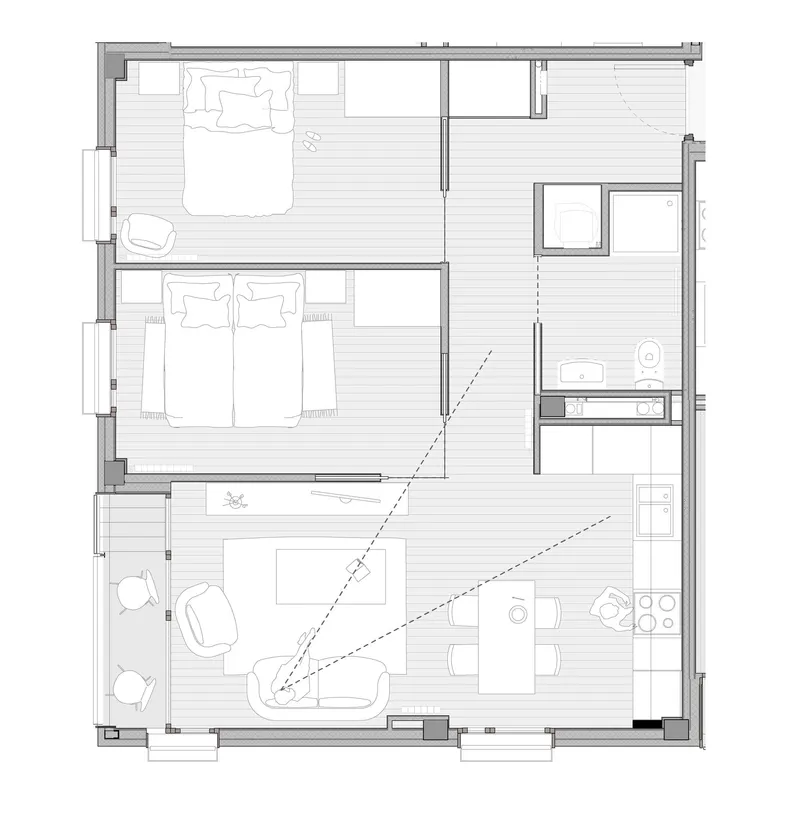 Floor plan drawing of a two-bedroom apartment with open living area and diagonal sight lines