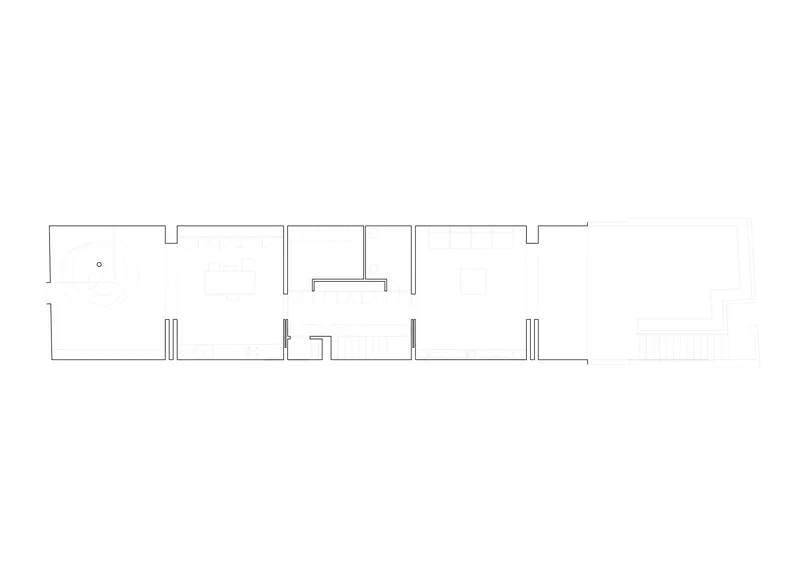 Floor plan drawing showing rectangular layout with rooms arranged along a linear corridor