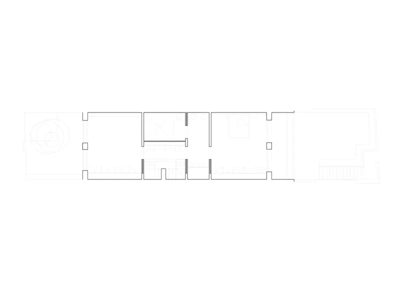 Floor plan drawing showing rectangular layout with rooms and central circulation zones