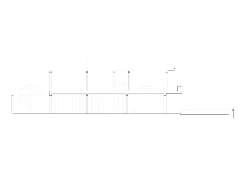 Section drawing showing two-level interior with horizontal floor plates and vertical circulation