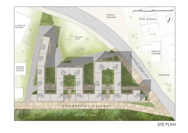 Site plan drawing showing residential blocks with courtyards arranged along a commercial walkway adjacent to a park
