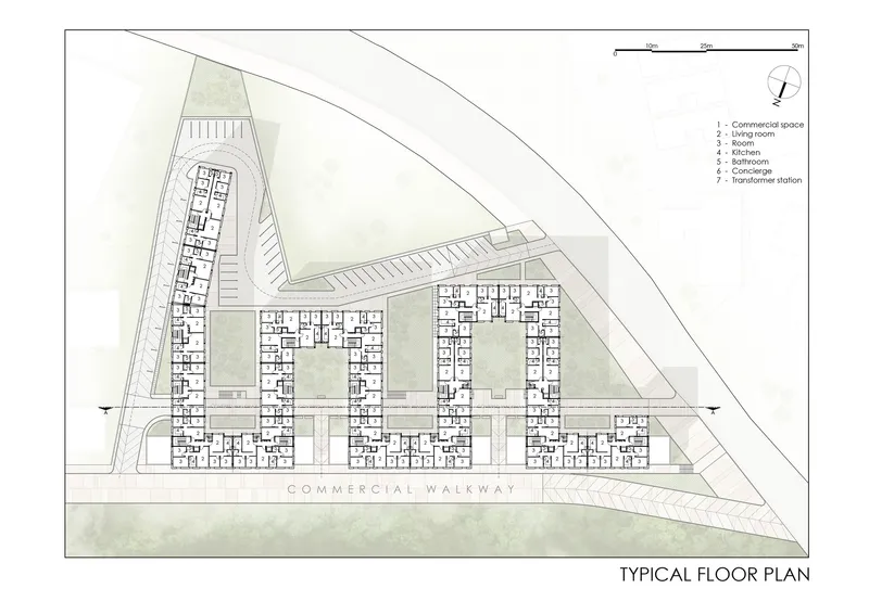 Typical floor plan drawing depicting residential units organized around central green courtyards in linear bar buildings