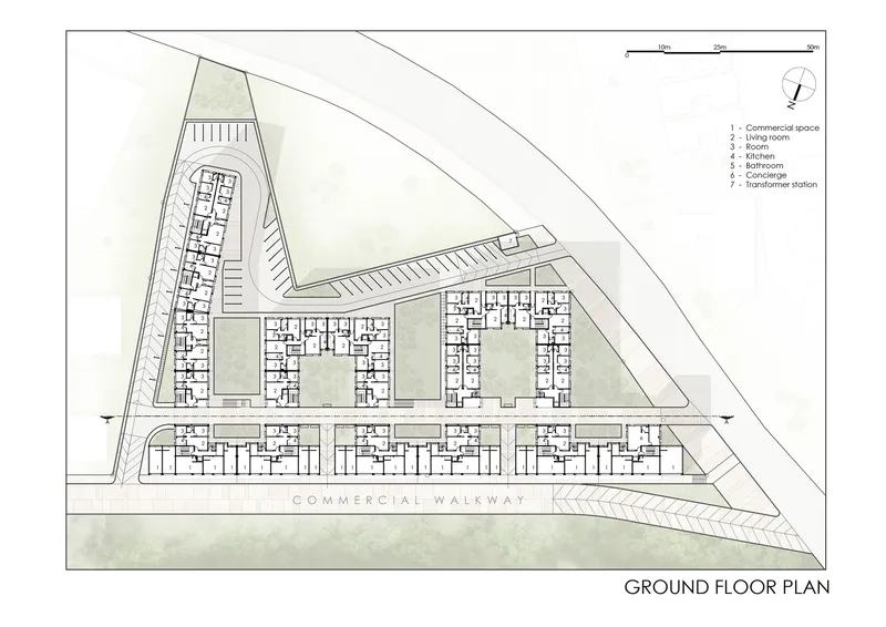 Ground floor plan drawing showing residential unit layouts with courtyards fronting a commercial walkway