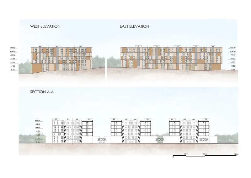 Elevation and section drawings showing multistory residential buildings with covered walkways connecting the blocks