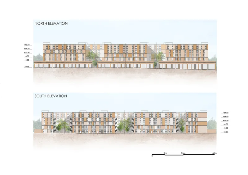 North and south elevation drawings of linear residential blocks with trees punctuating the ground level arcade